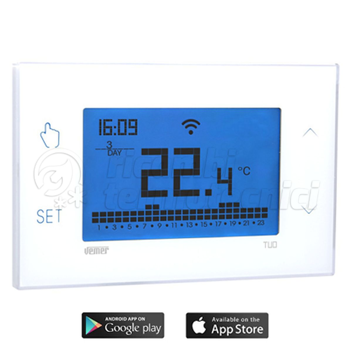 CRONOTERMOSTATO VEMER TUO TOUCH-SCREEN SETTIMANALE PARETE BIANCO**SOLO WI-FI 2,4 GHZ**BATTERIA